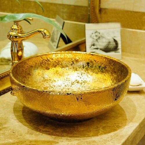 Jingdezhen hand maded gold color ceramic porcelain art bathroom sink