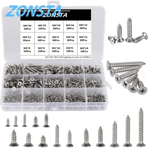 M2 M3 M4 460Pcs Countersunk Flat Head Tapping Screws Set 304 stainless steel Small Cross Recessed Wood screw Assortment kit