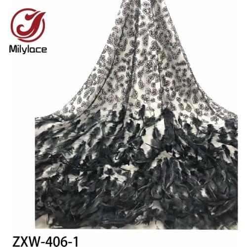 Milylace Latest African Feather Lace Fabric Embroidery with Sequins 5 Yards Nigerian Tulle Laces Fabrics for Dress ZXW-406
