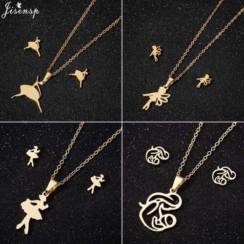 Jisensp Fashion Creative Ballet Dancer Necklace Earrings for Women Vintage Stainless Steel Jewelry Set Best Friend Gift Bijoux