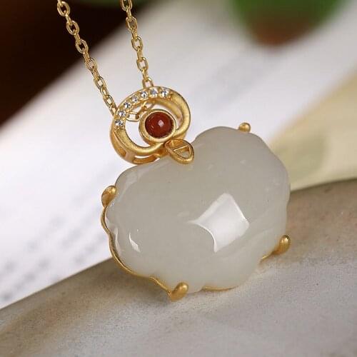 Natural Hetian white jade pulp Pendant Necklace Chinese style retro unique gold craft light luxury charm minority womens gift
