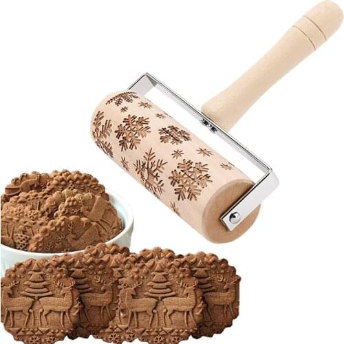 Christmas Rolling Pin Cookies Embossing Pattern Rolling Pins with Handle Wooden Baking Pattern Rolling Tools