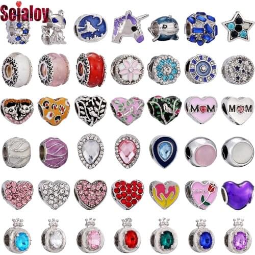 Seialoy 1pcs Cartoon Heart-shaped MOM Beaded Charm Fit Silver Color Bracelets Crystal Crown Letters O Star Beads Accessories