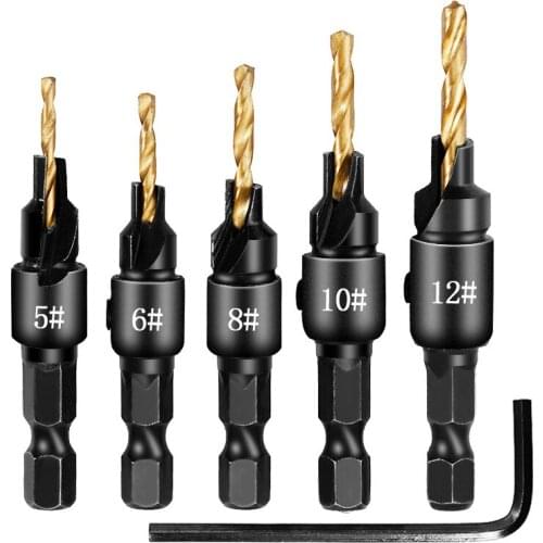 5pcs HSS Drill Bit Electric Drill Hex Shank Countersunk Twist Drill Set Carpenter Metal Woodworking Tools Hole Grooving Drill