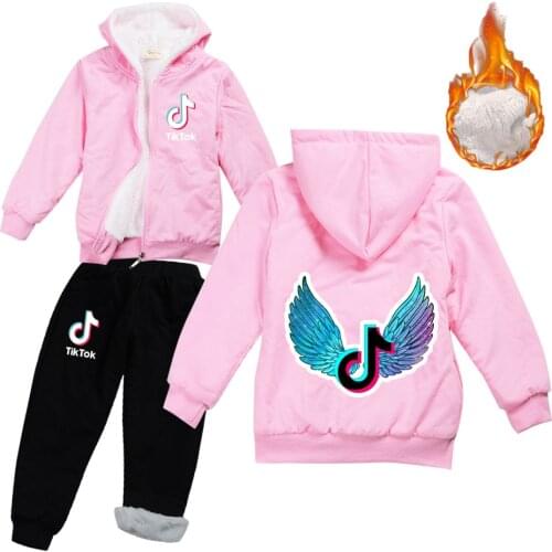 TIK TOK Teenager Sweater Hoodies Kids Jackets with Zipper Wool Liner Boy Girls Coats Thicken Hooded Fur Winter Baby Outwear set