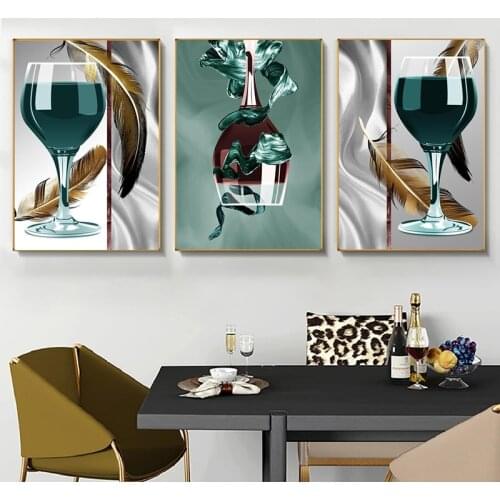 Wine Glass with Feather Canvas Prints Paintings Abstract Dining Room Kitchen Decoration Posters Modern Wall Art Picture Cuadros