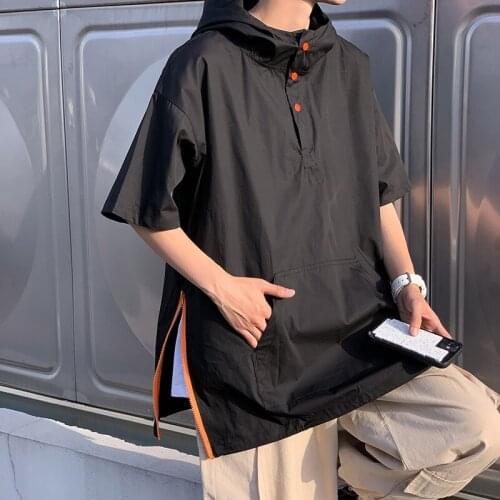 Side Zipper Hooded Short-sleeved T-shirt Mens Ins Fashion Brand Loose Hip-hop Half-sleeved Five-point Sleeve Top Mens Clothing