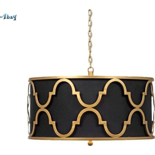 American Retro Gold Iron Pendant Lights Bedroom Living Room Dining Table Fabric Shade Modern Luxury Hanging Lamps Decor Fixtures