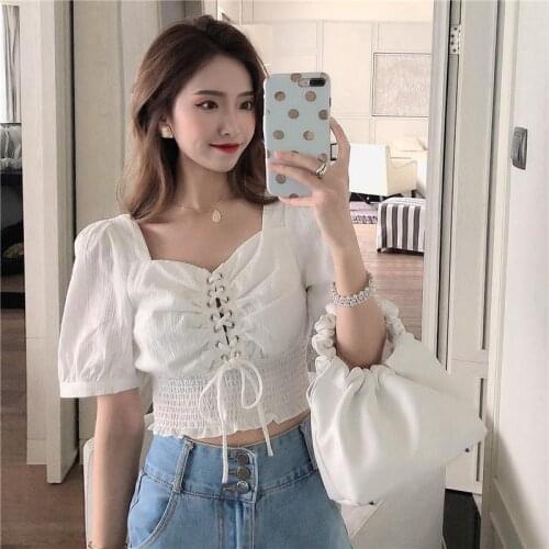 Women Blouse Square Collar Puff Sleeve Summer Short Navel Clavicle Top Blusas Ropa De Mujer