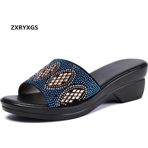 New Mixed Color Rhinestones Shoes Woman Summer Casual Sandals Comfortable Wedges Slippers Fashion Shoes Genuine Leather Sandals