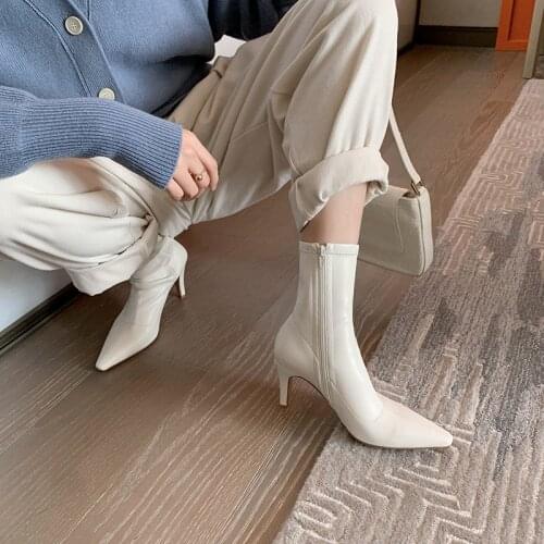 Donna-in 2021 New Genuine Leather Women Ankle Boots Elasticity Zipper Solid High Heel Boots Temperament Ladies Party Short Boots