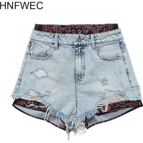 Women Wide Pattern Printed Split Joint Denim Leg Shorts New High Waist Loose Fit Trousers Fashion Spring Summer 2020 U257