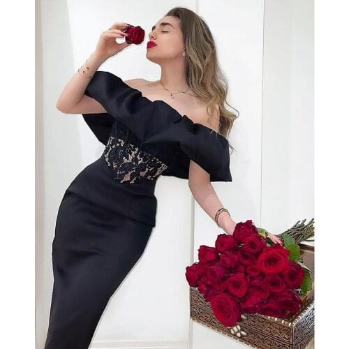 2021 Summer Black Red Ruffles Lace Patchwork Women Satin Party Dress Evening Vestidos De Festa Femme Sexy Slash Neck Robe BH7157