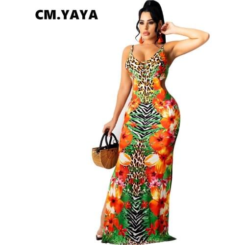 CM.YAYA Women Long Dress Print Sleeveless Strap V-neck Hole Hollow Out Stretchy Bodycon Maxi Dresses Sexy Fashion Outfit Summer