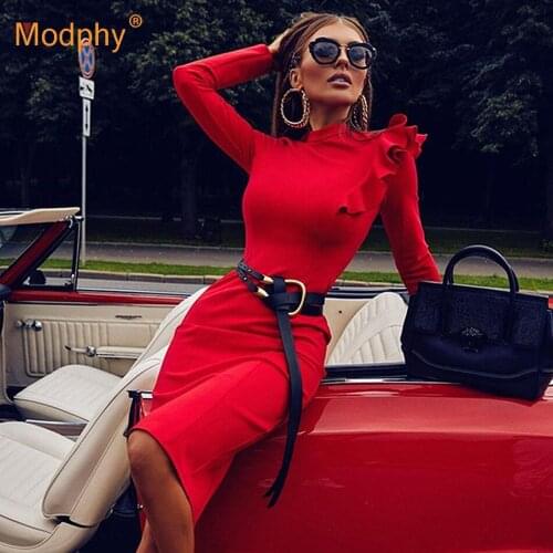 2021 Autumn Fashion Red Bandage Dress Sexy Bodycon Long Sleeve Ruffle Club Celebrity Evening Party Vestidos Women Spring New