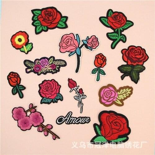 50pcs/lot Rose Flower Embroidery Patches Letters Clothing Decoration Accessories Diy Iron Heat Transfer Applique Patches