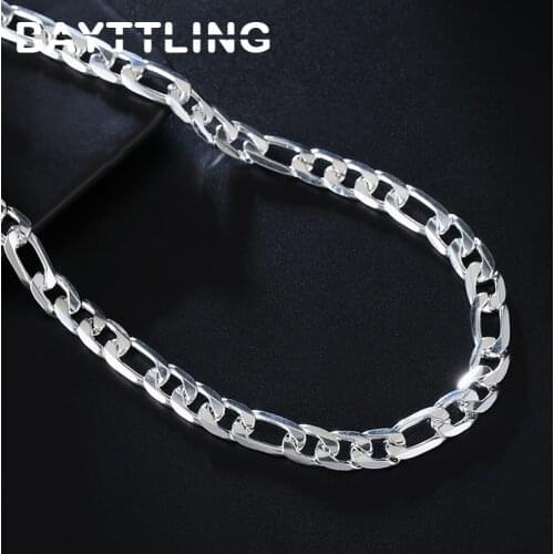 BAYTTLING 20 Inch 925 Sterling Silver Silver 8MM Full Sideways Figaro Chain Necklace For Woman Man Fashion Wedding Gift Jewelry