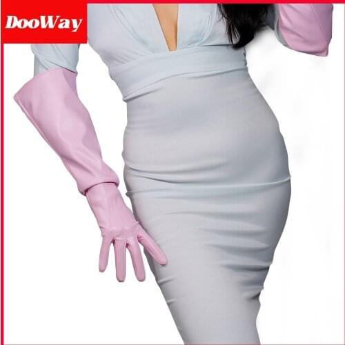 DooWay Womens Fashion Long Gloves Faux Lambskin Leather PU Wide Sleeves for Evening Costume Prom Light Pink 20"