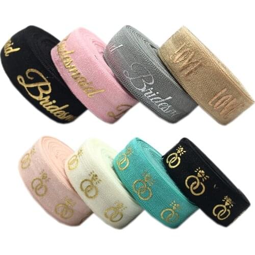 10Y Gold Foil Letters Bridmaid Print LOVE Fold Over Elastic Ribbon For Sewing Hair Tie Strap Backpack Decoration Accessories