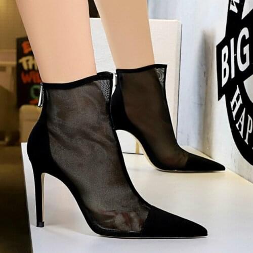 European and American Sexy Slimming Perspective Mesh Hollow High Heels WomenS Shoes Thin Heeled High Heel Pointed Ankle Boots