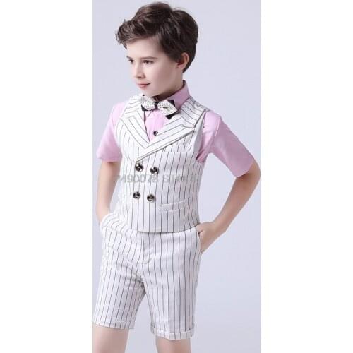 Flower Boys Summer Luxurious Suit Prince Noble Vest Shirt Shorts Strap Bowtie 5Pcs Dress Children Piano Performance Costume