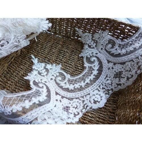 6 Yards Long Ivory/Black Appliqued Alencon Tulle Lace Trim With Flower Cord Embroidery Party Dress Veil New Arrival