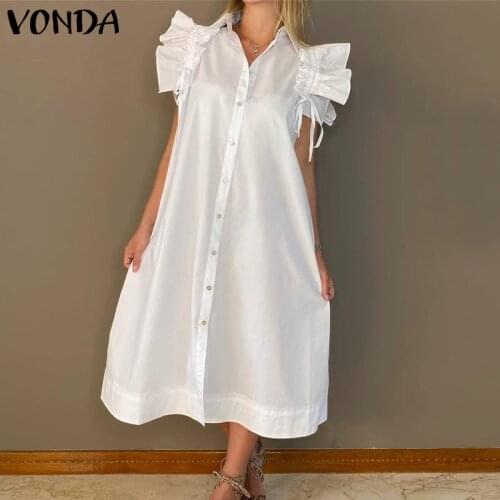 Summer Pleated Dress VONDA 2021 Women Sexy Lace Pleated Sleeveless Dresses Casual Lapel Collar Button Up Bohemian Vestidos 5XL