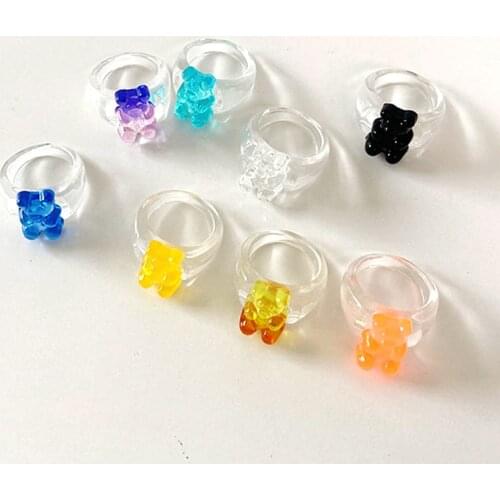 Cute Candy Color Bear Rings for Women Acrylic Cartoon Cute Harajuku Vintage Resin Rings Charms Jewelry 90s Aesthetic New Gifts