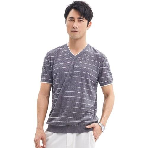 Zhili Mens V-Neck Striped Breathable Knit T-Shirt