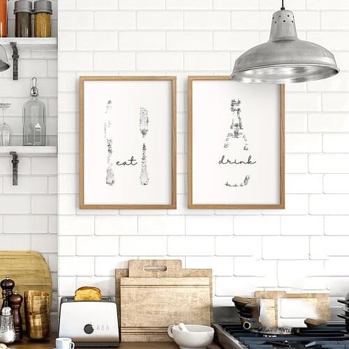 Modern kitchen Print Champagne Wall Art Eat Drink Poster Fork Knife Dining Room Decor Black and White Party Bar Gifts Pictures