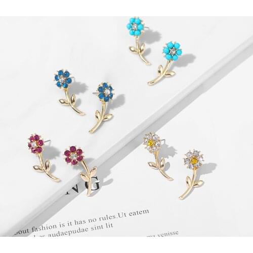 New Design Multicolor Crystal Rose Flower Earrings for Women Girls Charm Gold Leafs Drop Earrings Wedding Ear Jewelry Brincos