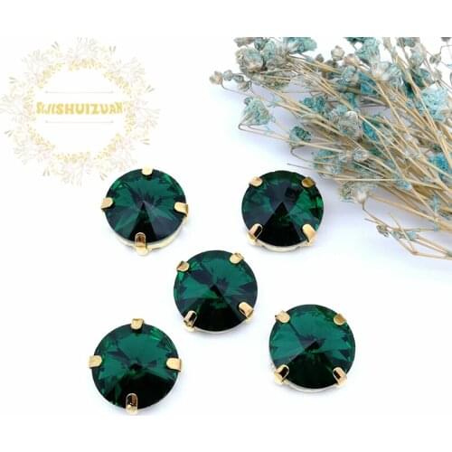 New product Satellite Malachite green Crystal Glass Sewing Rhinestones with gold Claw DIY Wedding Dresses