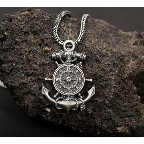 Sterling Silver Compass Pendant with Chain For Men Vintage Anchor Necklace