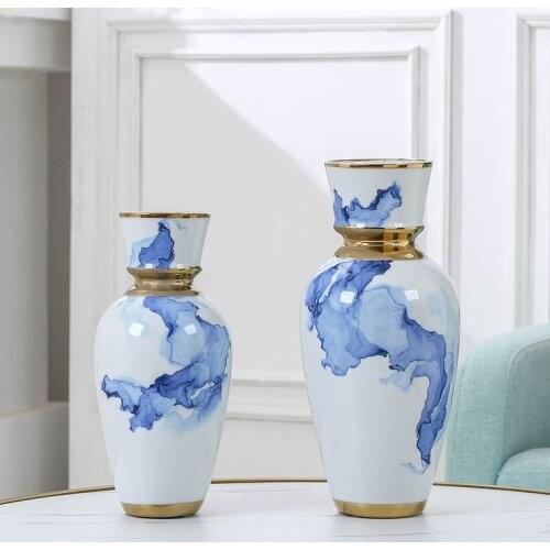 Nordic Style Luxury Blue and Gold Ceramic Flower Vase Handpaint Flower Arrangment for home decoration ballon vase