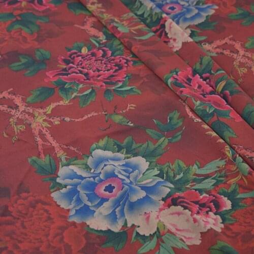 100CM Wide 22MM Blue Red Floral Print Handmade Stretch Red Gambiered Guangdong Silk Satin Fabric for Summer Spring Dress H406