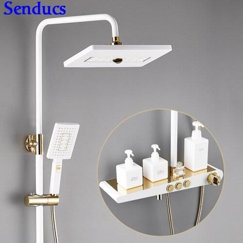 Senducs Thermostatic Shower Set Fashion White Gold Bathroom Shower Series Newly Design Brass Bathtub Thermostatic Shower System