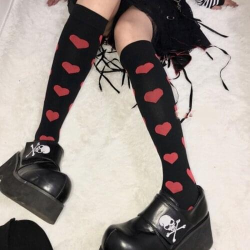 Streetwear Women Harajuku Punk Black Red Polka Dot / Love Heart Slim Cotton Long Socks Gothic Lolita Knee Socks High Knee Socks