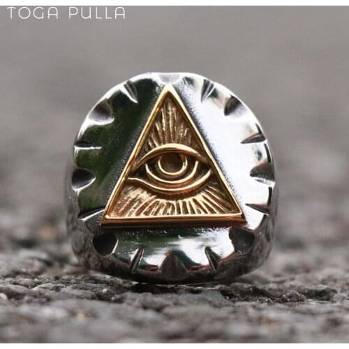 Vintage Gold Triangle Illuminati Masonic Rings Mens Mexican Stainless Steel Punk Biker Ring Freemason Jewelry Gifts
