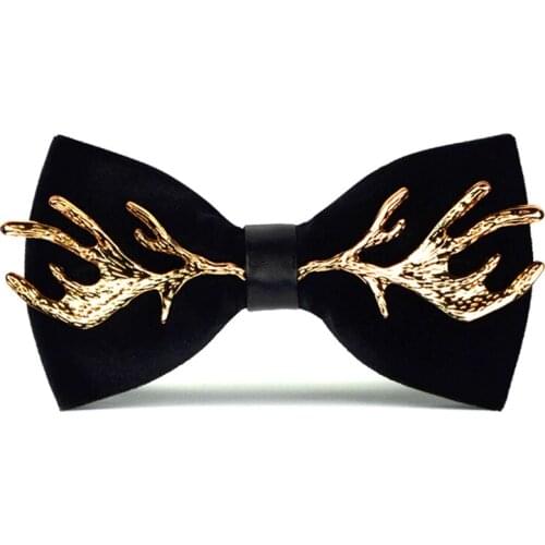 High Quality 2019 New Velvet Bow Tie with Metal 100% Zinc Alloy Elk Antlers Smooth Butterfly Solid Wedding Papillon Bowtie
