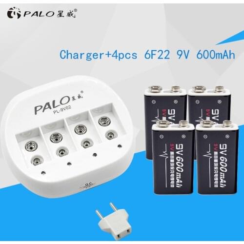 PALO 4 slots 9V Battery Charger for 9v 6f22 Li-ion Lithium battery + 4Pcs 600mah 9v Li-ion rechargeable batteries