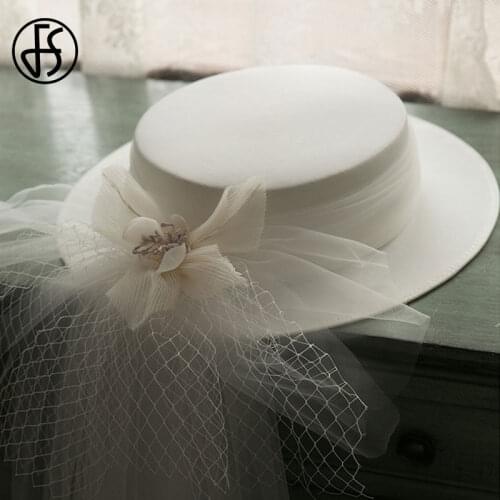 FS Women Hats Flowers Flat Top Church Hats Fedora 2021 White Veil Hat For Wedding Elegant Wide Brim Kentucky Derby Hat