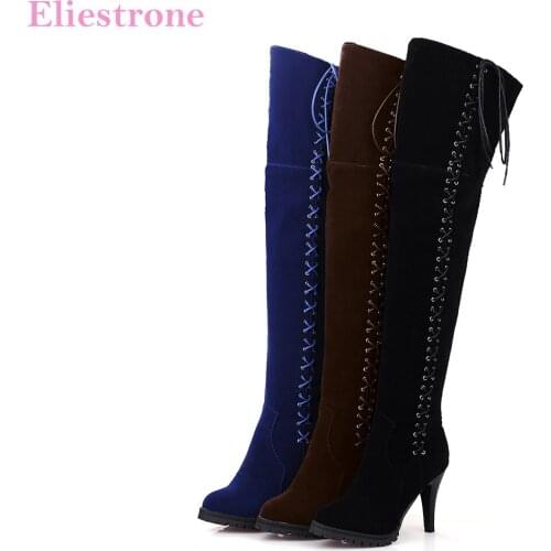 Brand New Winter Comfortable Black Blue Women Thigh High Riding Boots Lady Over Knee Shoes High Heel SH257 Plus Big Size 43 45