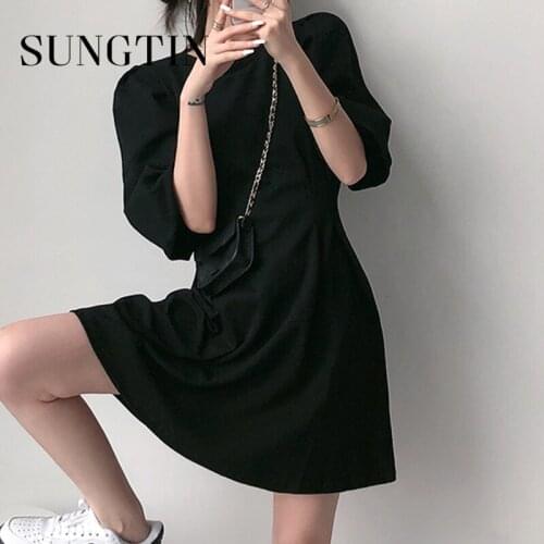 Sungtin Vintage Solid Slim Waist Short Dress Women Puff Sleeve O Neck A Line Mini Dress Korean Black Above Knee Vestido Female