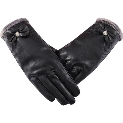 Winter Touch Screen Women Keep Warm PU leather Gloves Ladies Plush Wrist Mitten Ski Driving Cycling Glove For womens Decoration