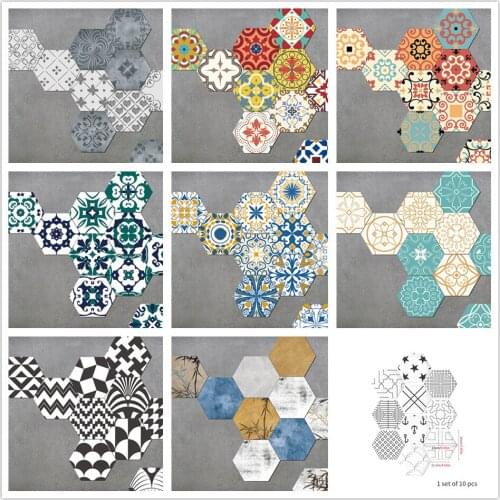 10PCS/Set Color Tile Paste Paper PVC Self-adhesive Hexagon Wall Floor Stickers Wallpaper Kitchen Bedroom Decoration Decal Murals