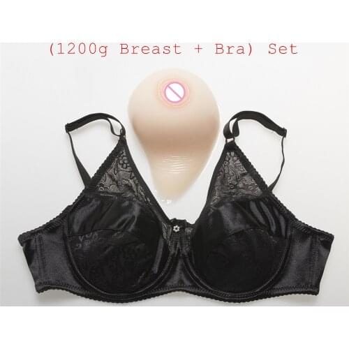 1200g/pair Classic Curved White Silicone Breast + Sexy Lace and Satin Pocket Bra) Mastectomy Drag Queen Boobs With Bra Set