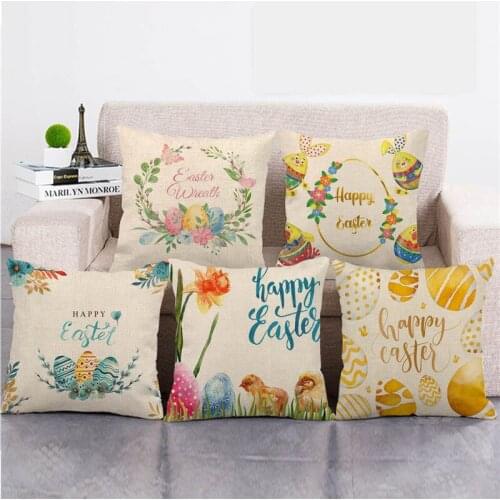 45cm*45cm Happy Easter Eggs Cute Rabbit Color Flowers Linen/cotton Throw Pillow Covers Couch Cushion Cover Home Decor Pillowcase
