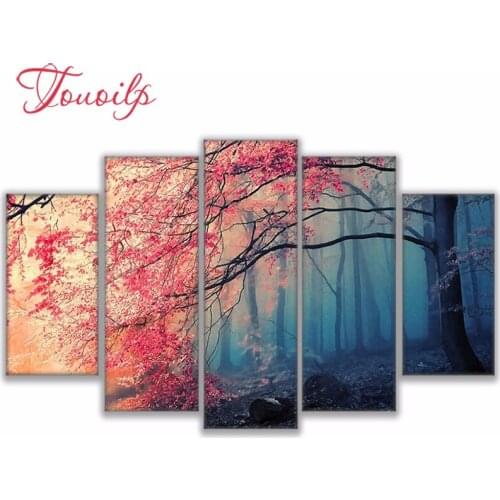 Diamond Embroidery Wall Art 5d diy diamond painting Cherry Blossoms Pictures,Red Trees Forest Painting For Living Room 5 Pieces