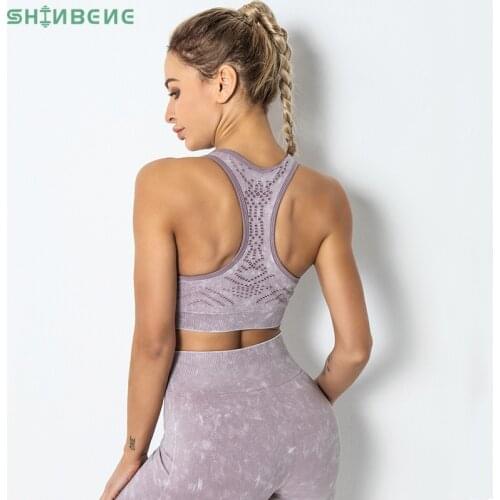 SHINBENE ACID WASH Mid Support Gym Workout Sport Bras Top Women Padded Racerback Seamless Exercise Fitness Yoga Mesh Bra Top