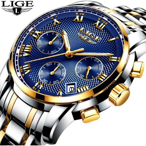 2020 New Clock Mens Luxury Brand LIGE Chronograph Sports Watch For Men Waterproof All Steel Quartz Gold Watch Relogio Masculino